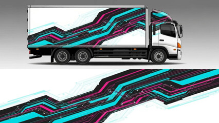 Vibrant geometric wrap design on a modern transport truck and trailer.