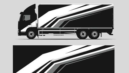 Monochrome truck cab and trailer graphic with bold stripes and diagonal lines across panels.