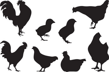 Silhouettes of chickens, roosters, and chicks poultry