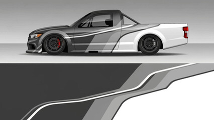 Stylized graphic of a modern race-inspired pickup truck with bold stripes and dynamic design.