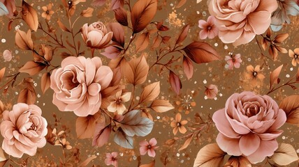 アンティーク調の薔薇と葉のパターン。インテリアやファッションデザイン向けの背景素材。