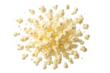 Popcorn exploding and spreading, fluffy pieces flying in various directions on a transparent background