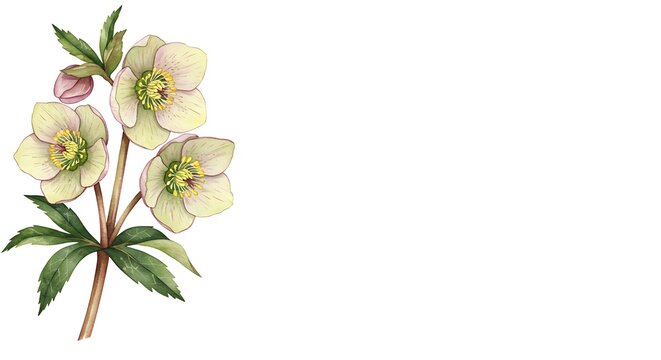 Beautiful watercolor painting of hellebore flowers with green leaves and buds on a white background.