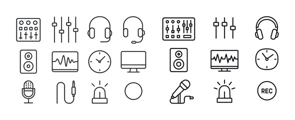 Fototapeta premium Audio equipment icons: headphones, microphones, speakers, mixers