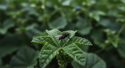 A fly rests on a green leaf with water droplets.