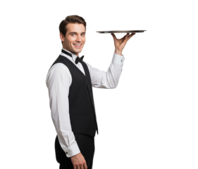 Waiter tray service for banquet catering and fine dining operations featuring a smiling attendant holding a serving platter for reception dinners and guest service coordination