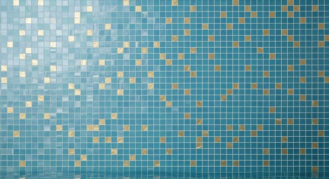 Mosaic wall tile texture and swimming pool interior design showing teal ceramic surface with gold accents for bathroom renovation and architectural finishing material installation