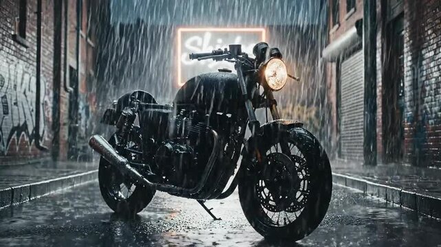 Dramatic Motorcycle in Rain with Fire Effect in Urban Setting: Cinematic Rendering