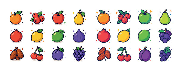 Fototapeta premium Colorful cartoon fruits collection with oranges apples berries a