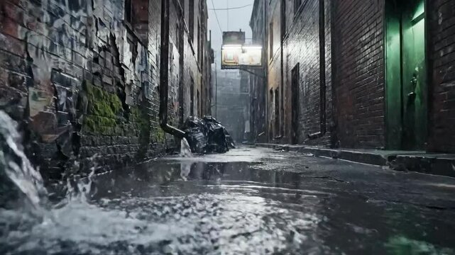 Dramatic Rainy Alleyway Scene with Water Cascading Down and Reflecting Shadows Perfectly