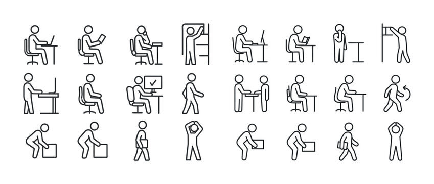 Icon set illustrating office ergonomics and exercises for workpl