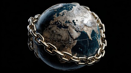 Concept of global restriction represented by a globe wrapped in a chain showing the connection between geography and limitation in the modern world