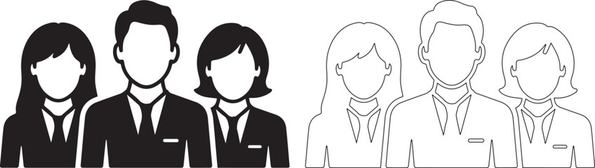 A group of business people in black and white line art style