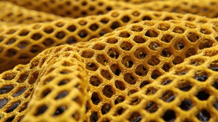 Close up view of yellow mesh fabric showing texture and pattern in natural light at an indoor space during daytime hours