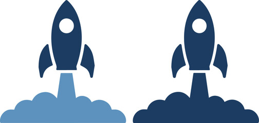 Two navy blue rocket ships launching into light and dark blue clouds