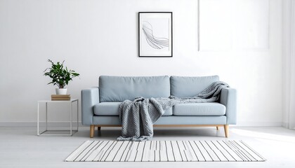 Modern minimalist living room with blue sofa and striped rug.