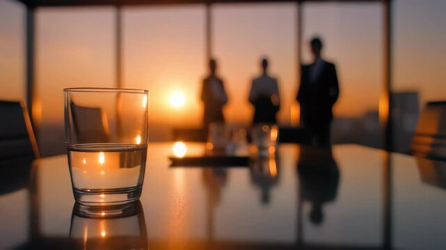 Glass of water on reflective table with silhouettes of three executives overlooking sunset city view, concept for corporate meeting, business success and partnership