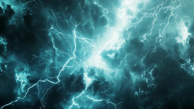 Intense lightning striking dark stormy clouds