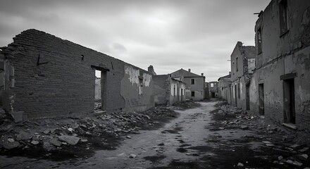 Abandoned Village Street in Ruins.