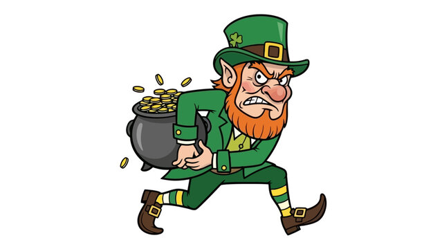 An angry leprechaun dressed in green, carrying a pot of gold coins over his shoulder.