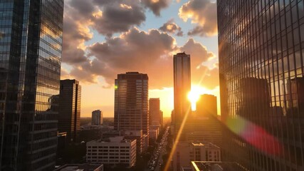 The skyline showcases tall buildings basking in the vibrant glow of the sunset, with the sun setting between the buildings. This urban scene highlights the beauty of the sunset and