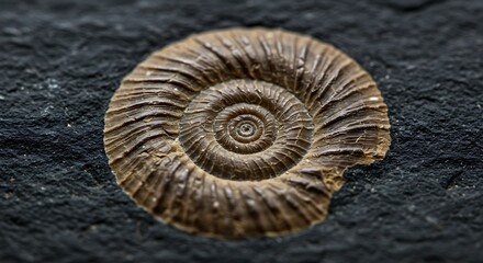 Ancient Fossilized Ammonite Specimen on Dark Stone Surface.