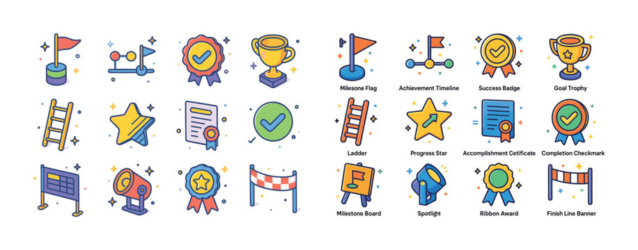 Colorful achievement icons including trophy, ribbon, flag, certi - Powered by Adobe