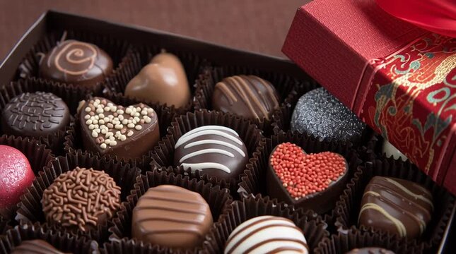 Box of assorted gourmet chocolates with red ribbon gift box