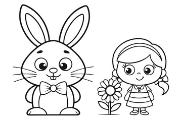 Obraz premium Hopping Rabbit Character Outline for Kids Coloring Book, Nature Theme Black and White Vector Art