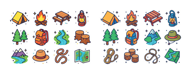 Obraz premium Camping adventure icons set: tent, campfire, backpack, map, lant