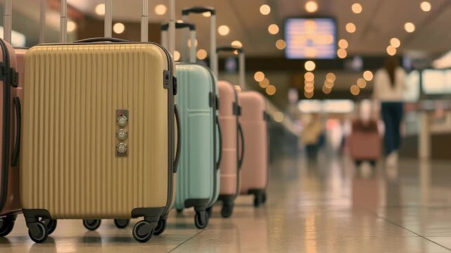 Row of colorful spinner luggage with TSA lock at airport terminal, concept for travel agency promotion, baggage security solution and corporate journey planning