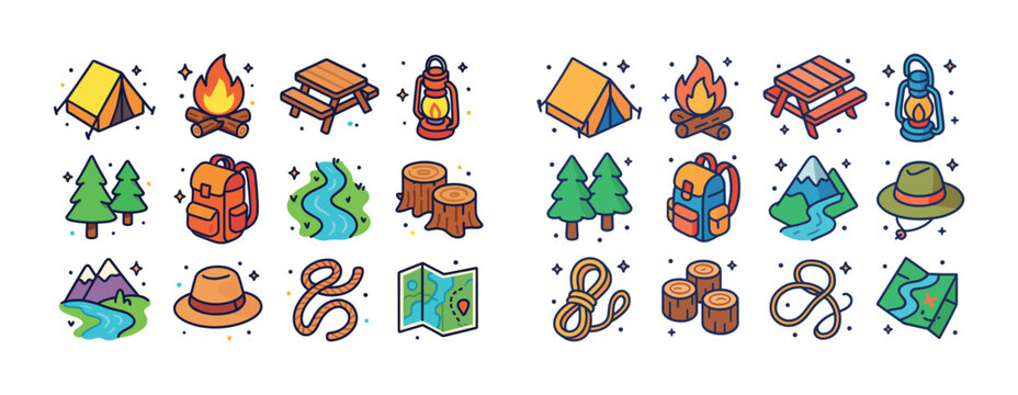 Camping adventure icons set: tent, campfire, backpack, map, lant