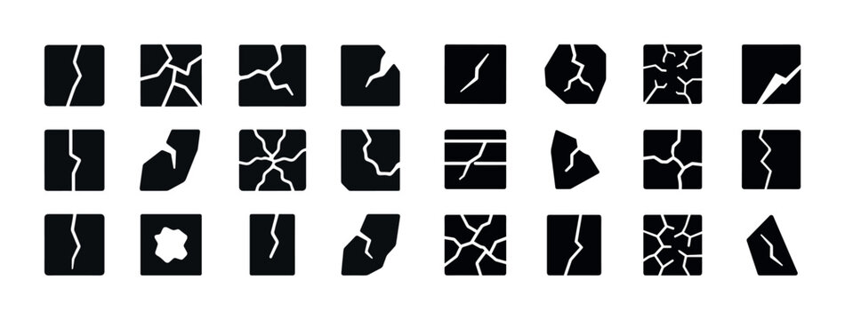 Set of various crack patterns on black background illustrating d