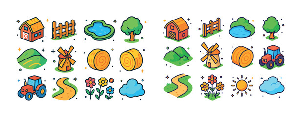 Colorful farm icons set featuring tractors barns and nature elem