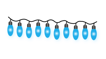 Blue glowing decorative string lights isolated on transparent background