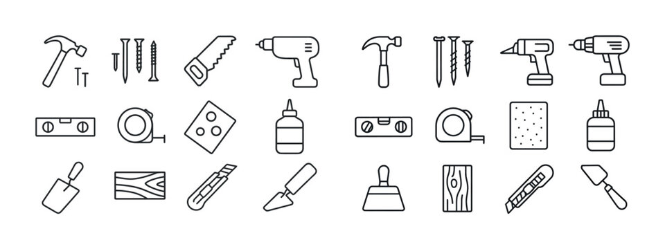 Outline icons of construction tools: hammer, saw, drill, and mor