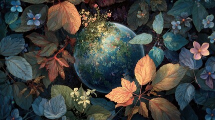 Artwork depicts a round globe surrounded by various leaves and flowers in a detailed nature scene filled with greenery and textures during a sunny day