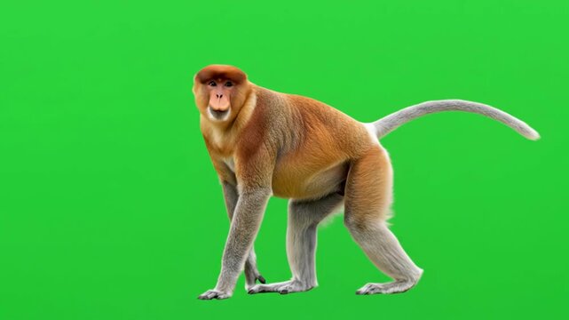 Proboscis Monkey Walking on Green Screen Background.