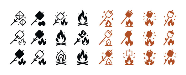Obraz premium Icon set of campfires and marshmallows on sticks in various styl