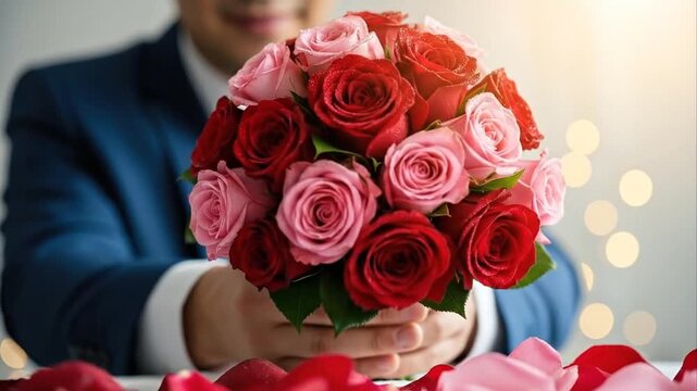 Man offering bouquet of roses gesture of gift giving affection concept