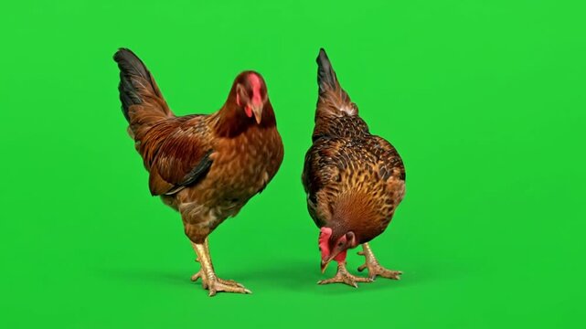 Two brown chickens standing on a green screen background, one pecking at the ground.