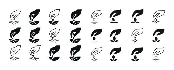 Fototapeta premium Seed planting icons: hand sowing growth symbol set
