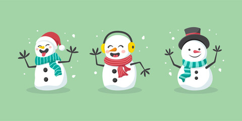 vector illustration of Three Joyful Snowman Wearing Scarves and Hats in a Festive Winter Scene With Snowflakes and Snowballs, perfect for Christmas, holidays, and winter cheer themes.