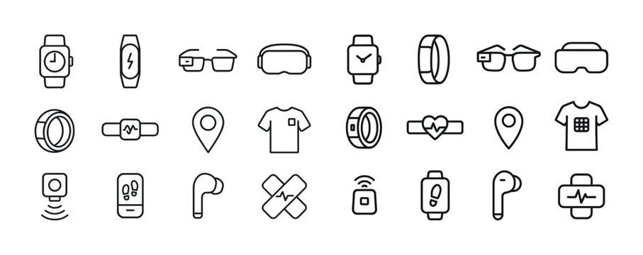 Icon set of wearable gadgets and health devices in line art styl