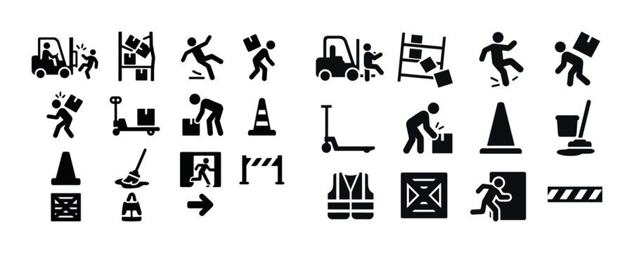 Workplace safety icons: safety gear, equipment, hazard signs, cl