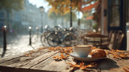 Cheerful European Autumn Caf&eacute; Table with Hot Coffee, Croissant and Falling Leaves with Copy Space