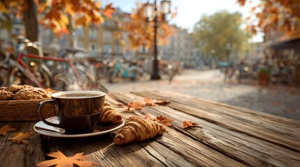 Cheerful European Autumn Caf&eacute; Table with Hot Coffee, Croissant and Falling Leaves with Copy Space