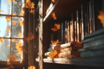 Cozy European Autumn Library Interior with Warm Wooden Shelves, Sunlit Window and Maple Leaves Copy Space