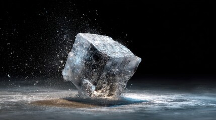 Obraz premium Large ice cube breaks apart on impact, creating water splashes and droplets during a moment of motion in a dark setting