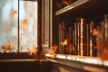 Cozy European Autumn Library Interior with Warm Wooden Shelves, Sunlit Window and Maple Leaves Copy Space